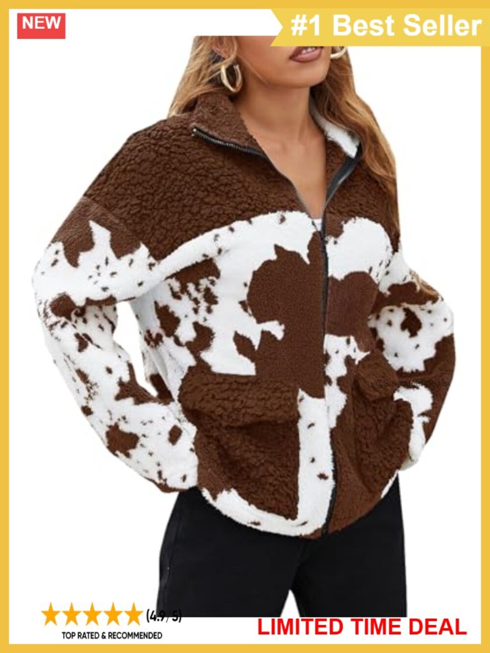 Womens Cow Print Faux Fur Sherpa Fleece Zip Jacket Coat